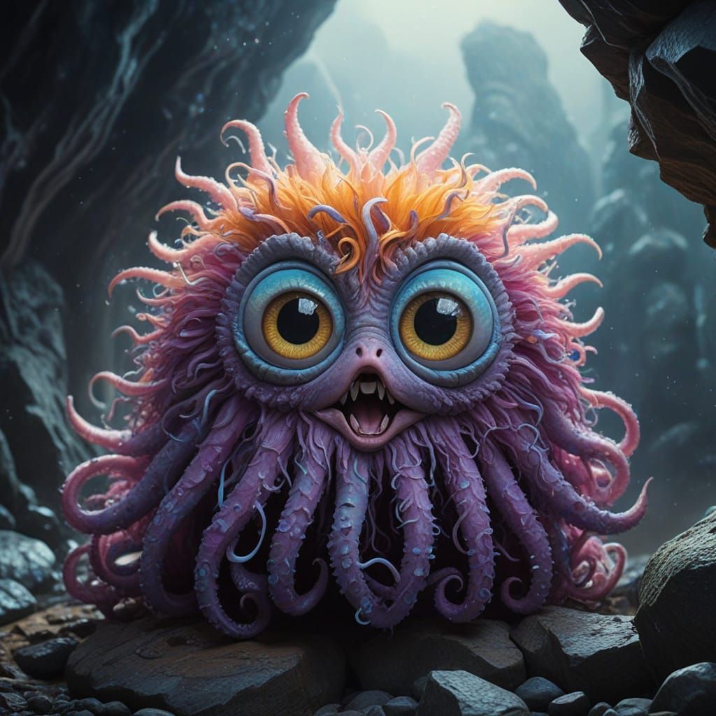 Furry Rainbow Creature in Rocky Landscape