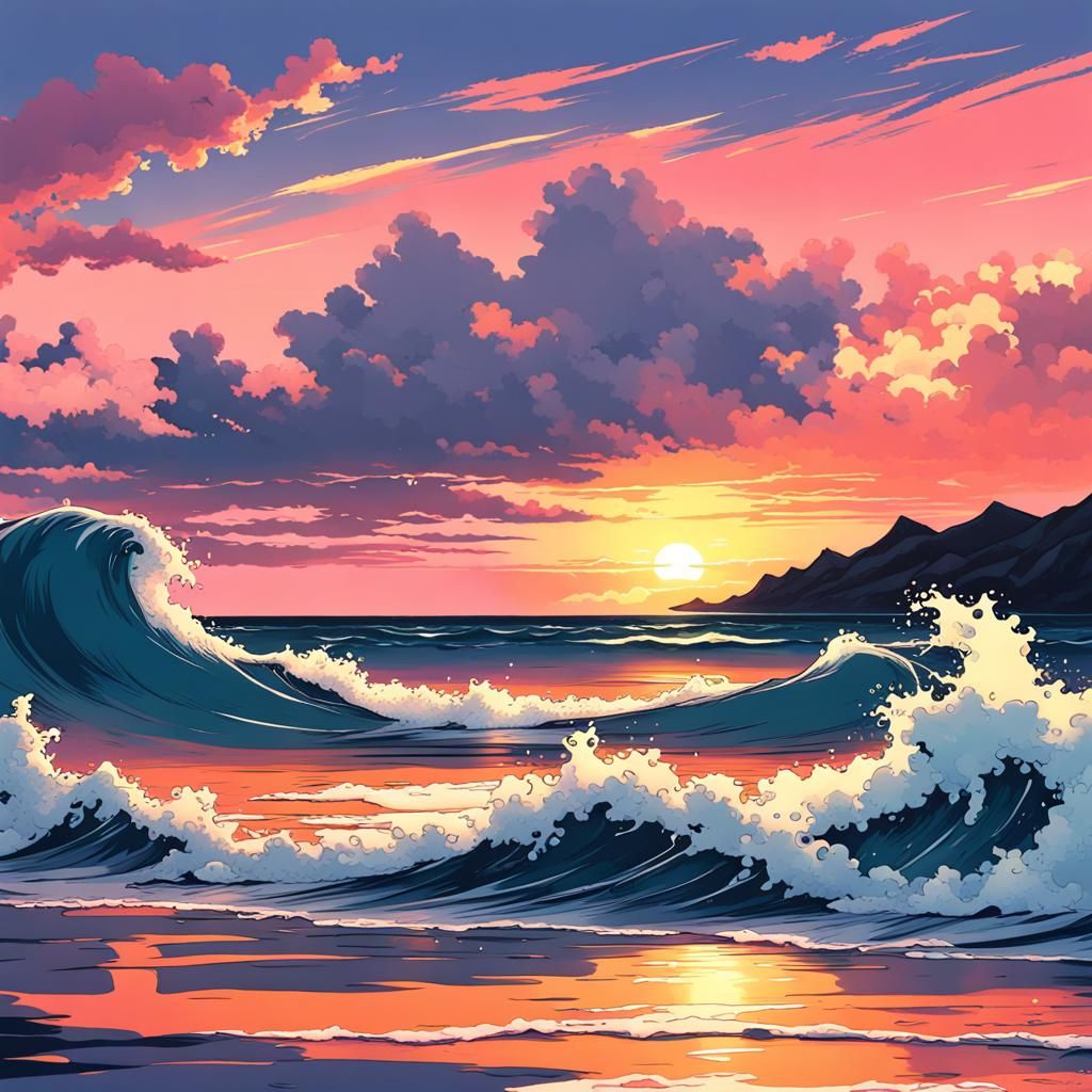 Hawaiian Sunset Waves in Anime Style