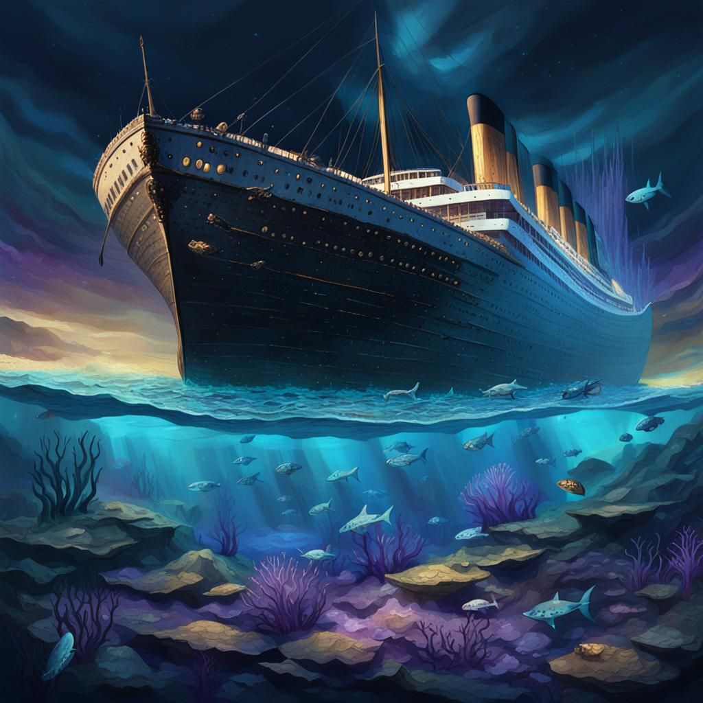 Titanic Shipwreck Concept Art in Bioluminescent Seascape