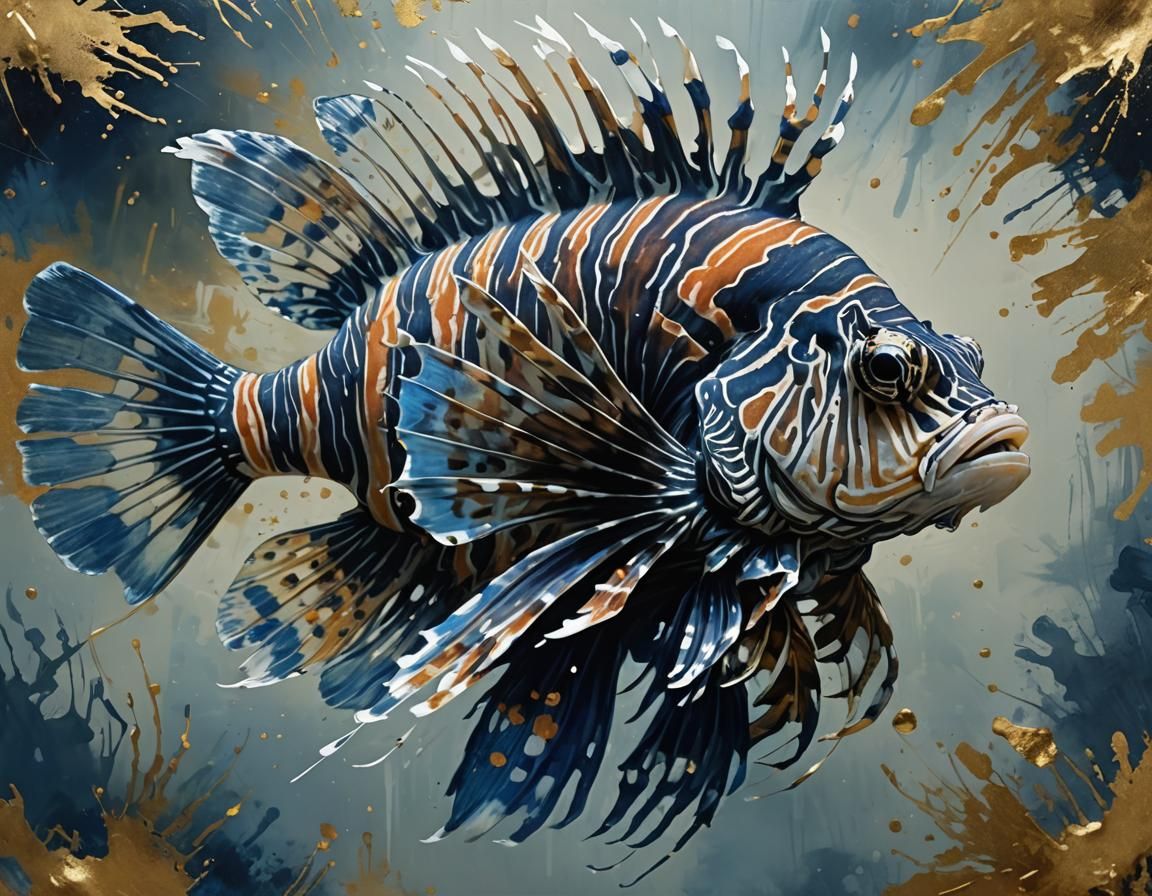 magnificent lion fish, indigo ink, insanely detailed, beauti...