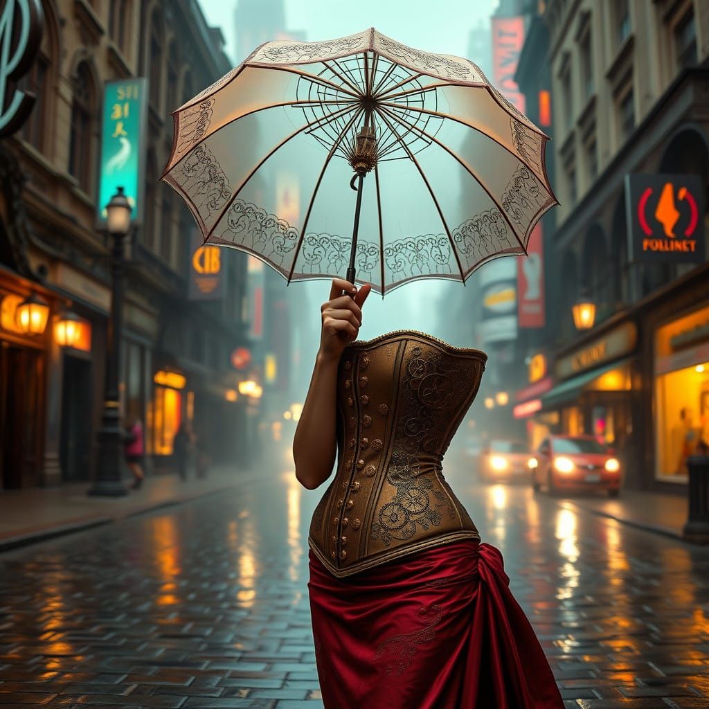 Steampunk Siren Under Rainy City Skies
