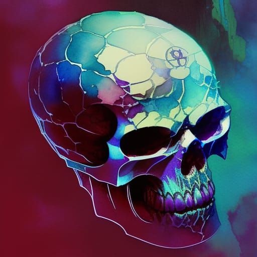 High Fantasy Crystal Skull in Watercolor Art