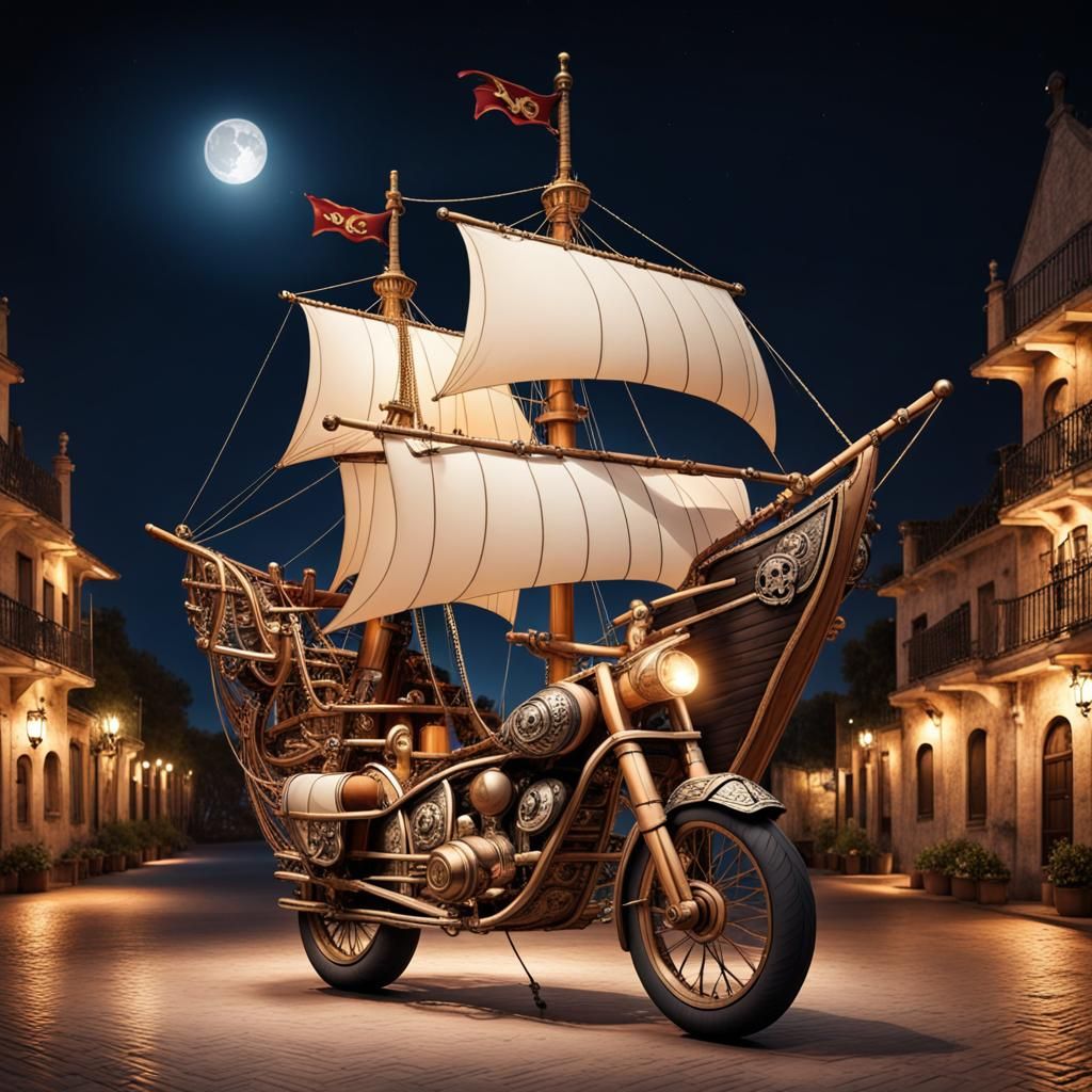 Renaissance Caravel Motorcycle with Jolly Roger at Night