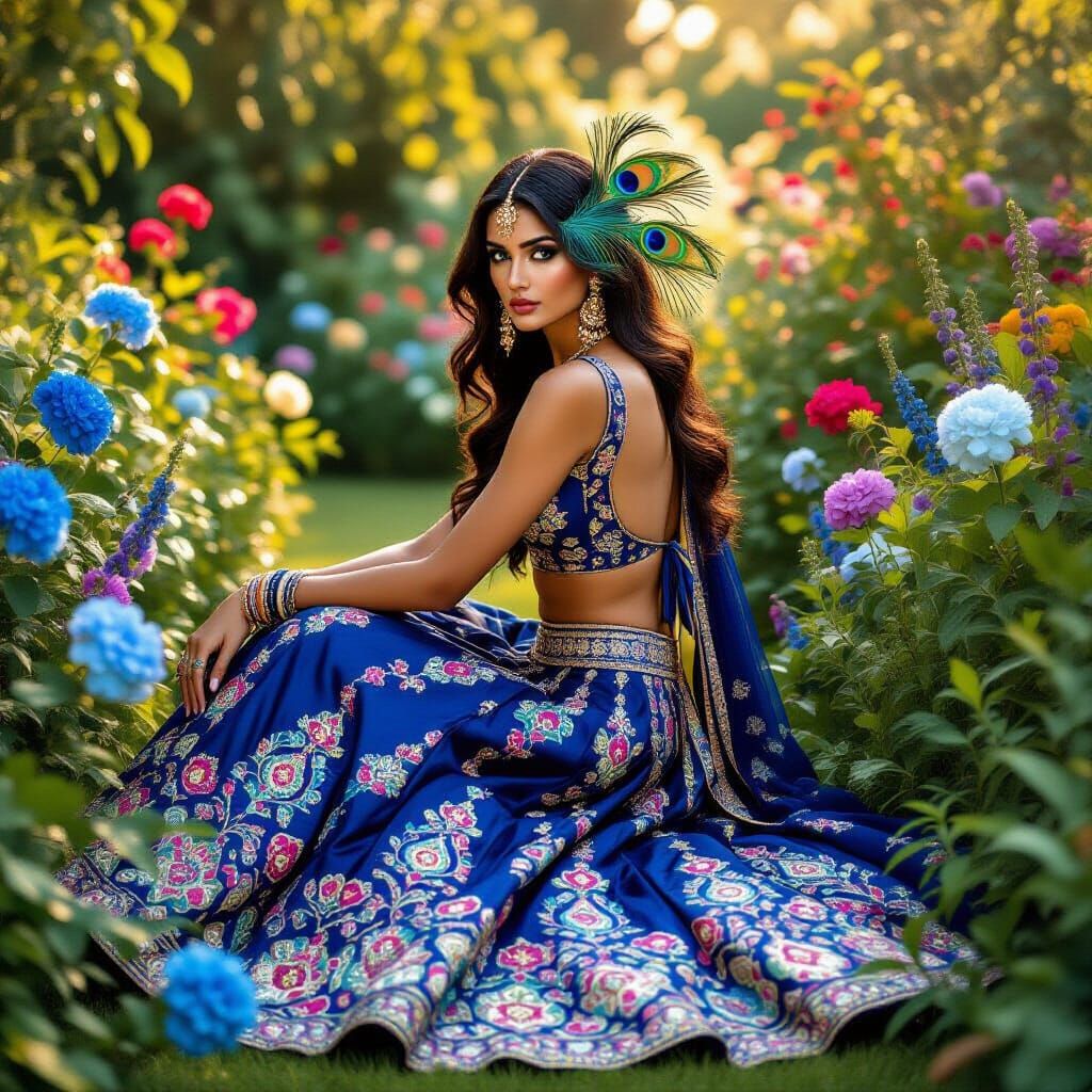 Indian Model in Royal Blue Lehenga, Dreamy Editorial Portrai...