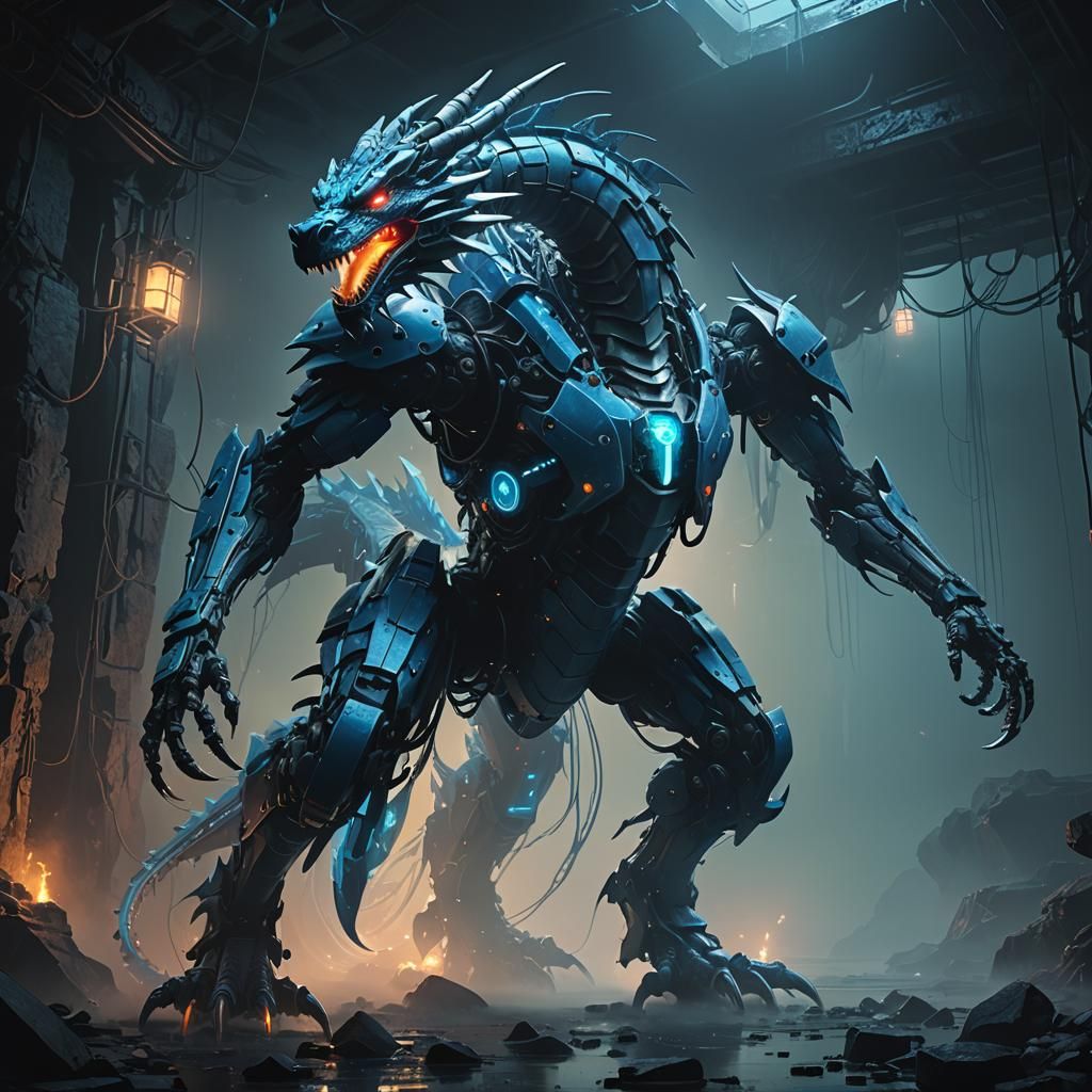 Cyber Mech Dragon in a Misty Cavern