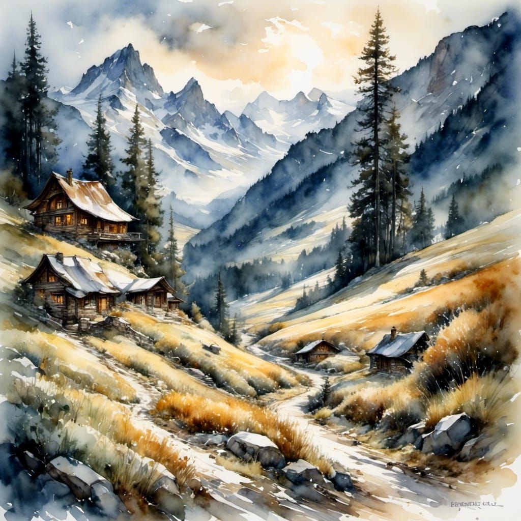 Art Nouveau Mountain Path in Moonlight