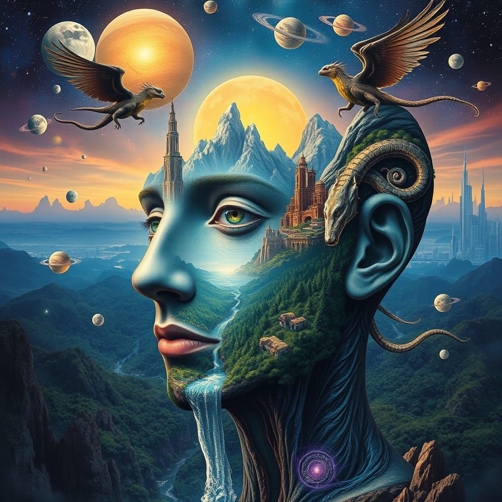 Surreal Cosmic Face Merging with Ethereal Landscape