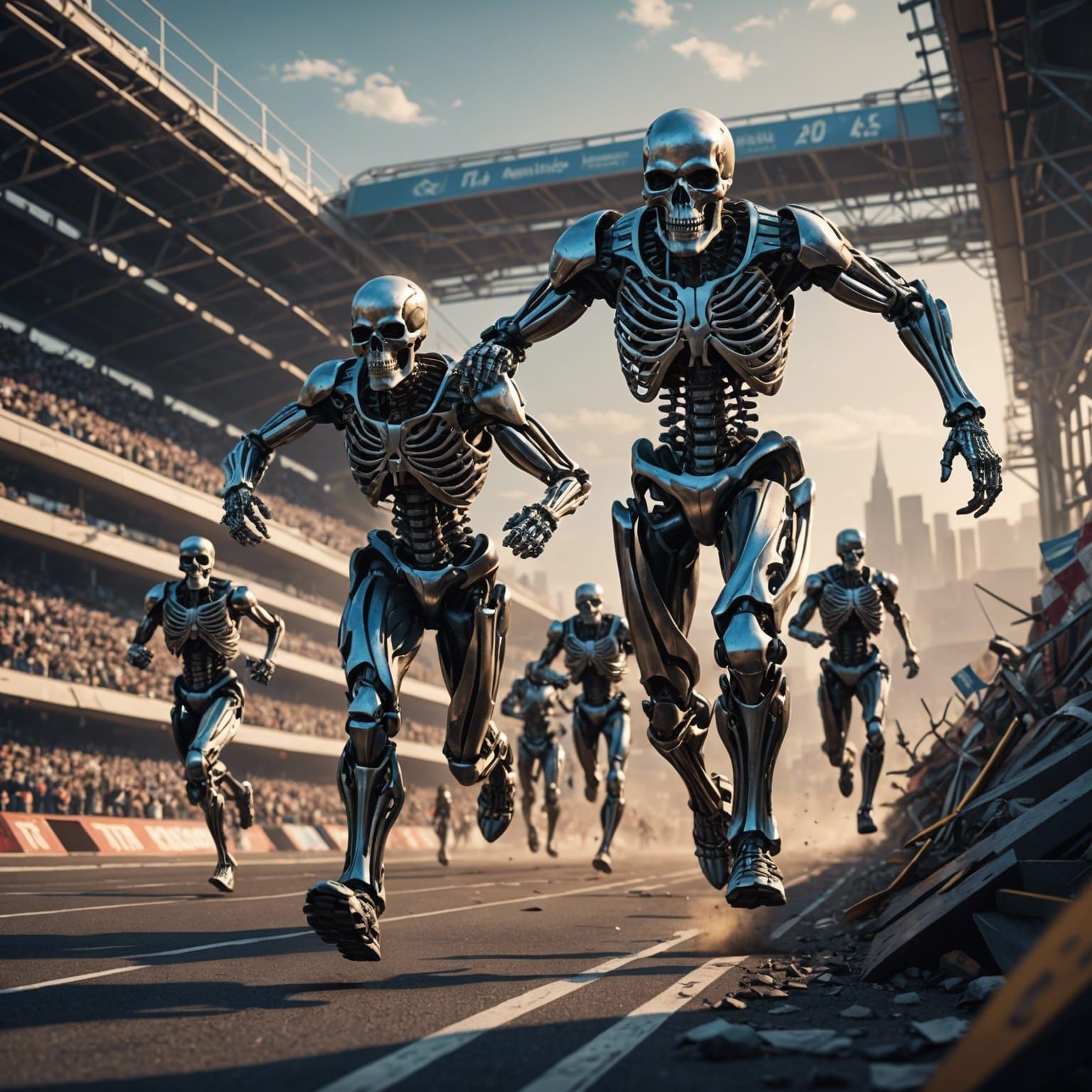 Skeletons running the 440 Marathon at the Olympics Mark Brooks and Dan Mumford, comic book art, perfect, smooth intricat...