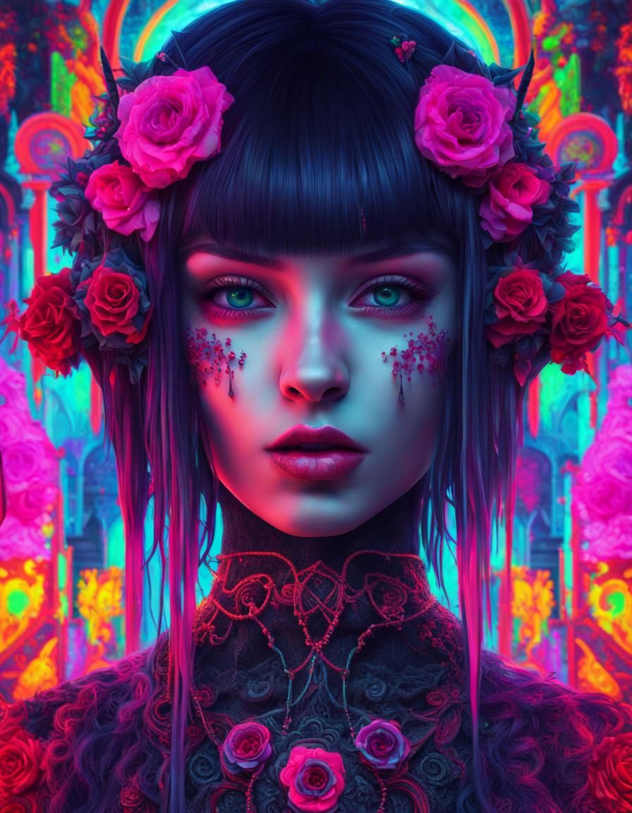 Neon Gothic Girl in Dreamy Psychedelic World