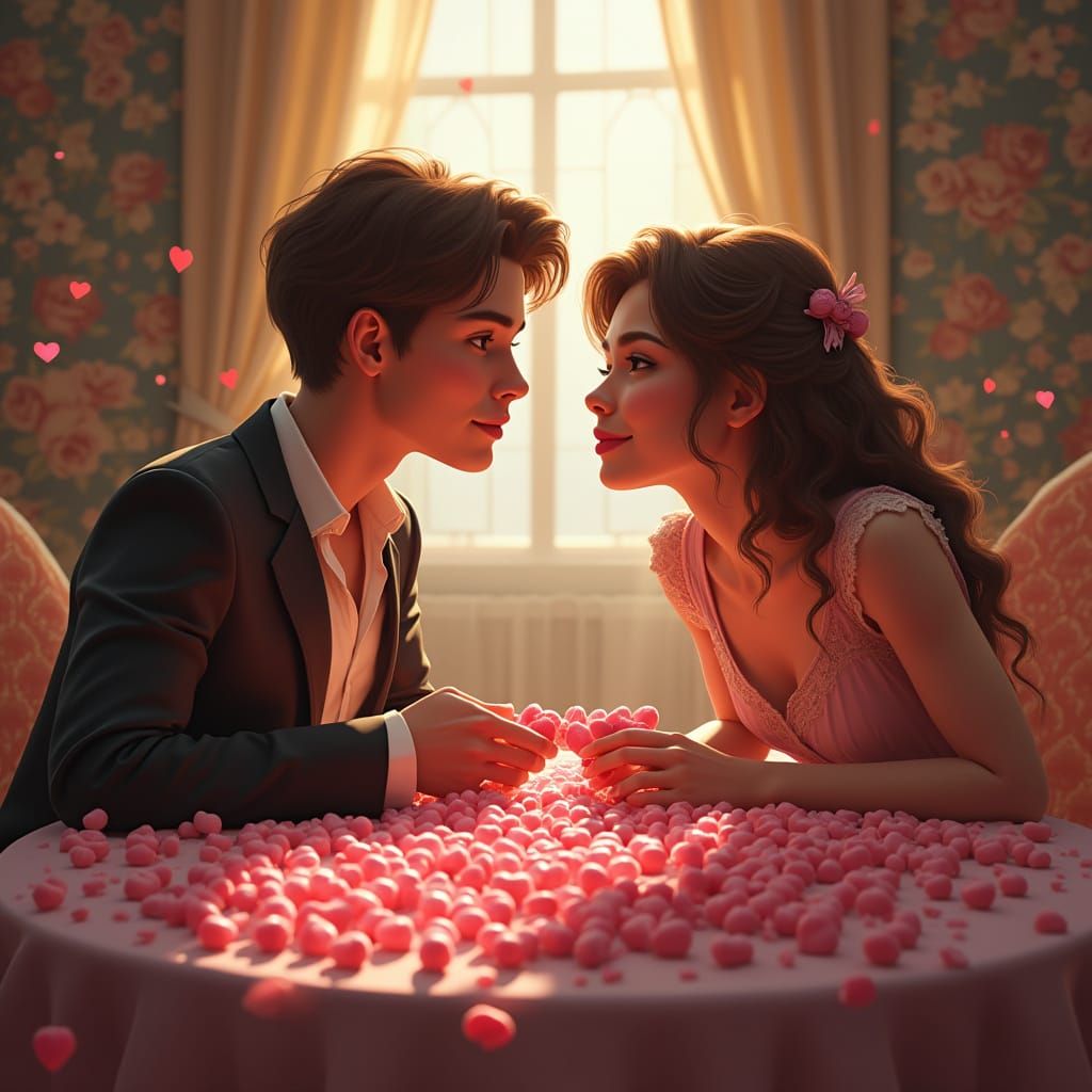 Romantic Moment of Shared Candy Heart Between Young Lovers i...