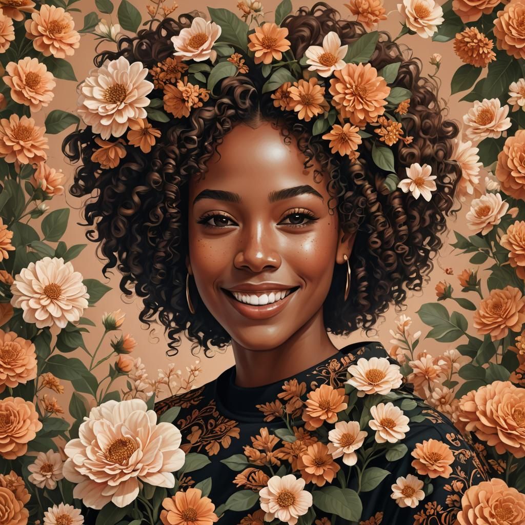 Beautiful Black Woman with Flowers: Vector Illustration