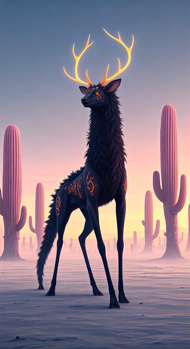 Ethereal Alien with Majestic Antlers and Vibrant Tails