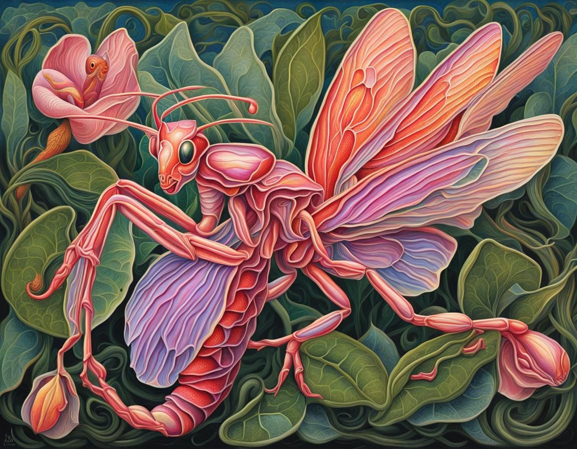 Orchid Mantis in Detailed Surreal Gouache Style