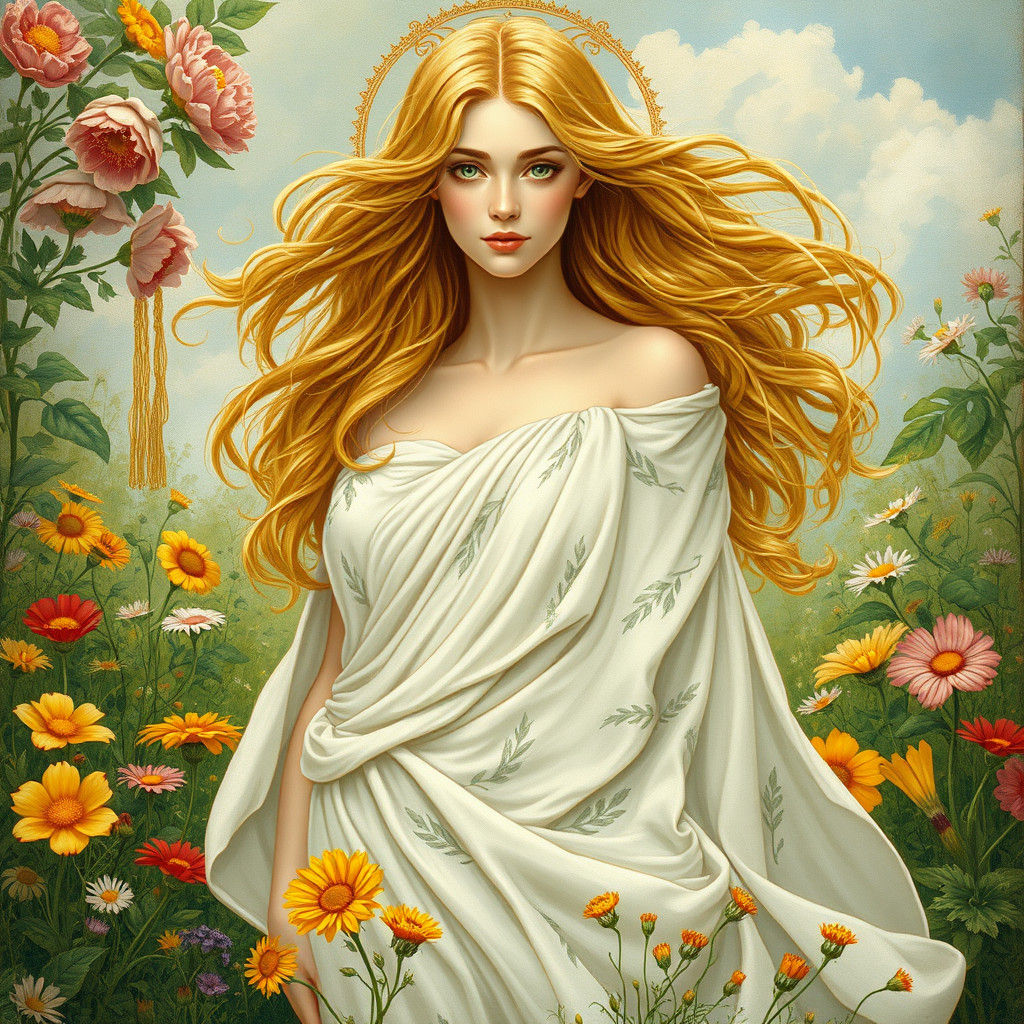 Goddess in a Lush Garden, Pre-Raphaelite Style