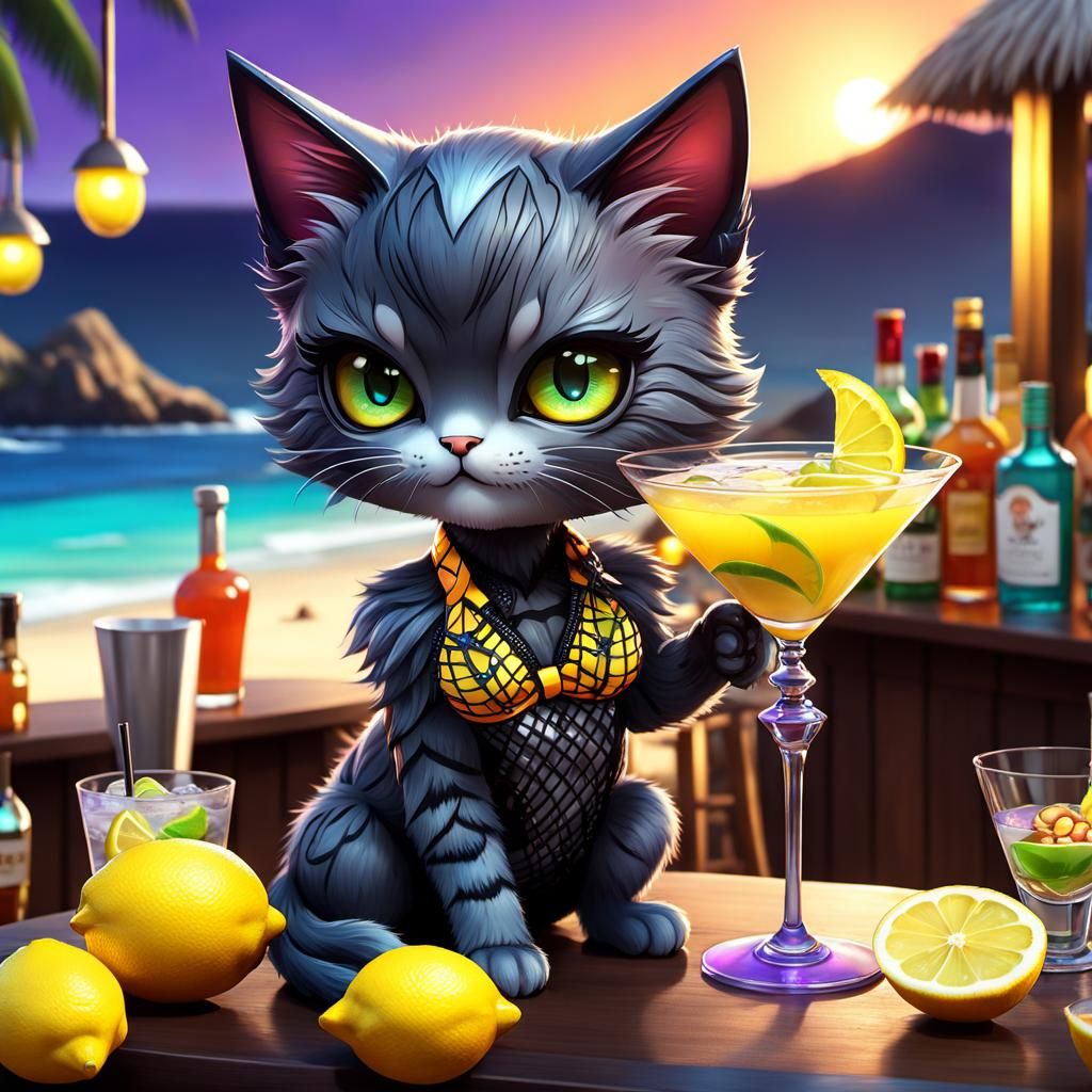 With a lemon twist, Bar-kini-kitter is servin' Kitty a Martini-milk: -prompt