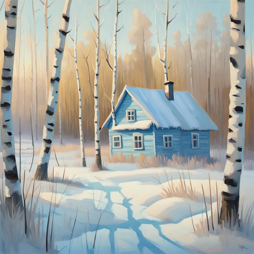 Winter Birch Forest with Russian House, Impressionist Style