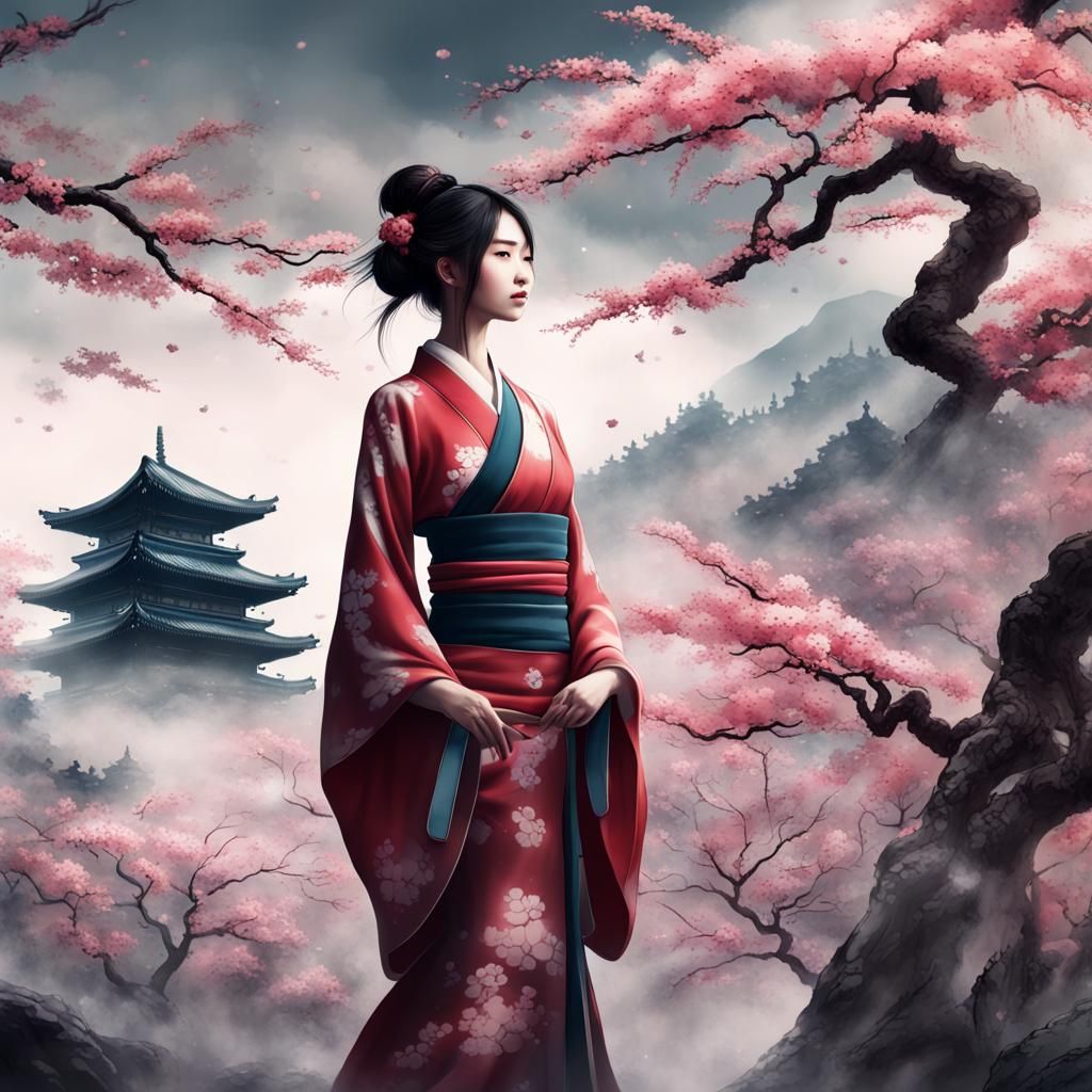 Sakura and Japanese Woman in Sumi-e Style