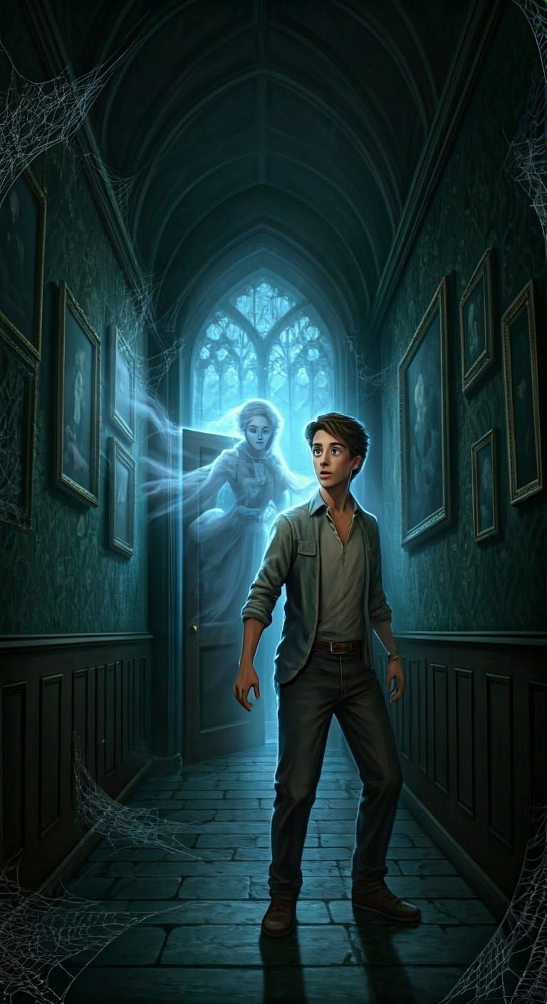 Ethereal Encounter: Ghostly Woman Guides Young Man