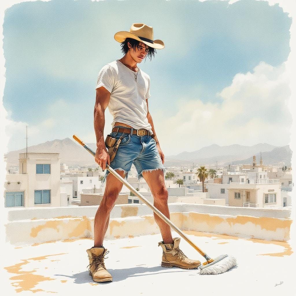 Latino Youth Painting Rooftop in Desert City Watercolor