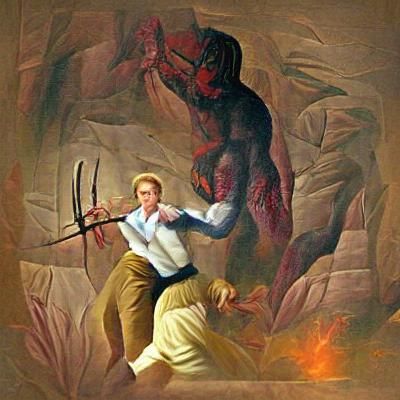 Joseph Smith Slaying Demon with Sword and Bible