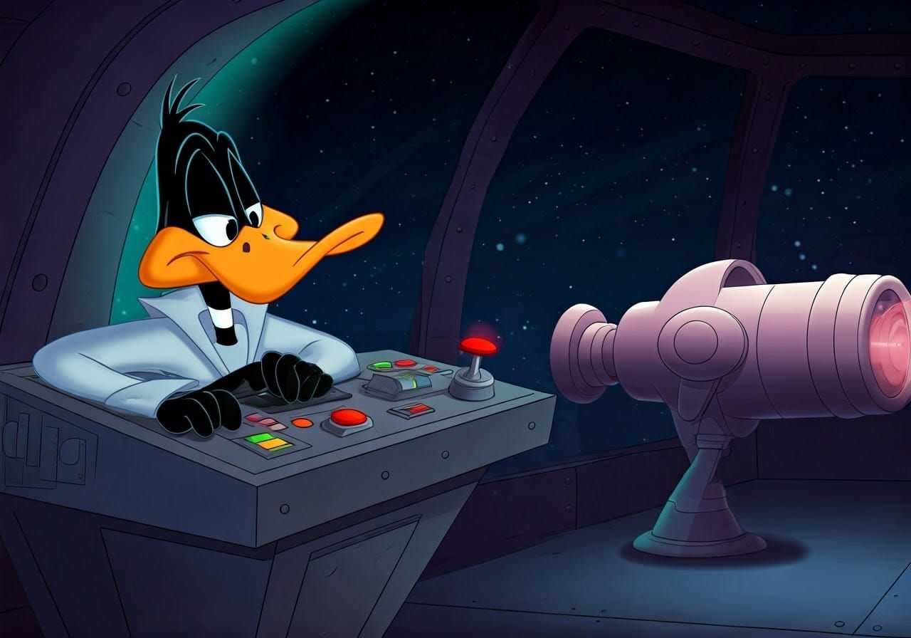 Daffy Duck in Futuristic Space Suit Stares at Red Button
