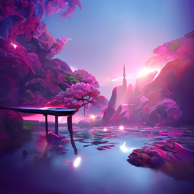 Astral Japanese Zen Garden with Cherry Blossoms