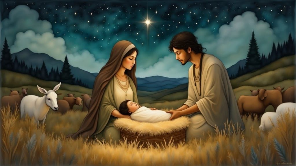 Nativity Scene Under Starlit Night Sky