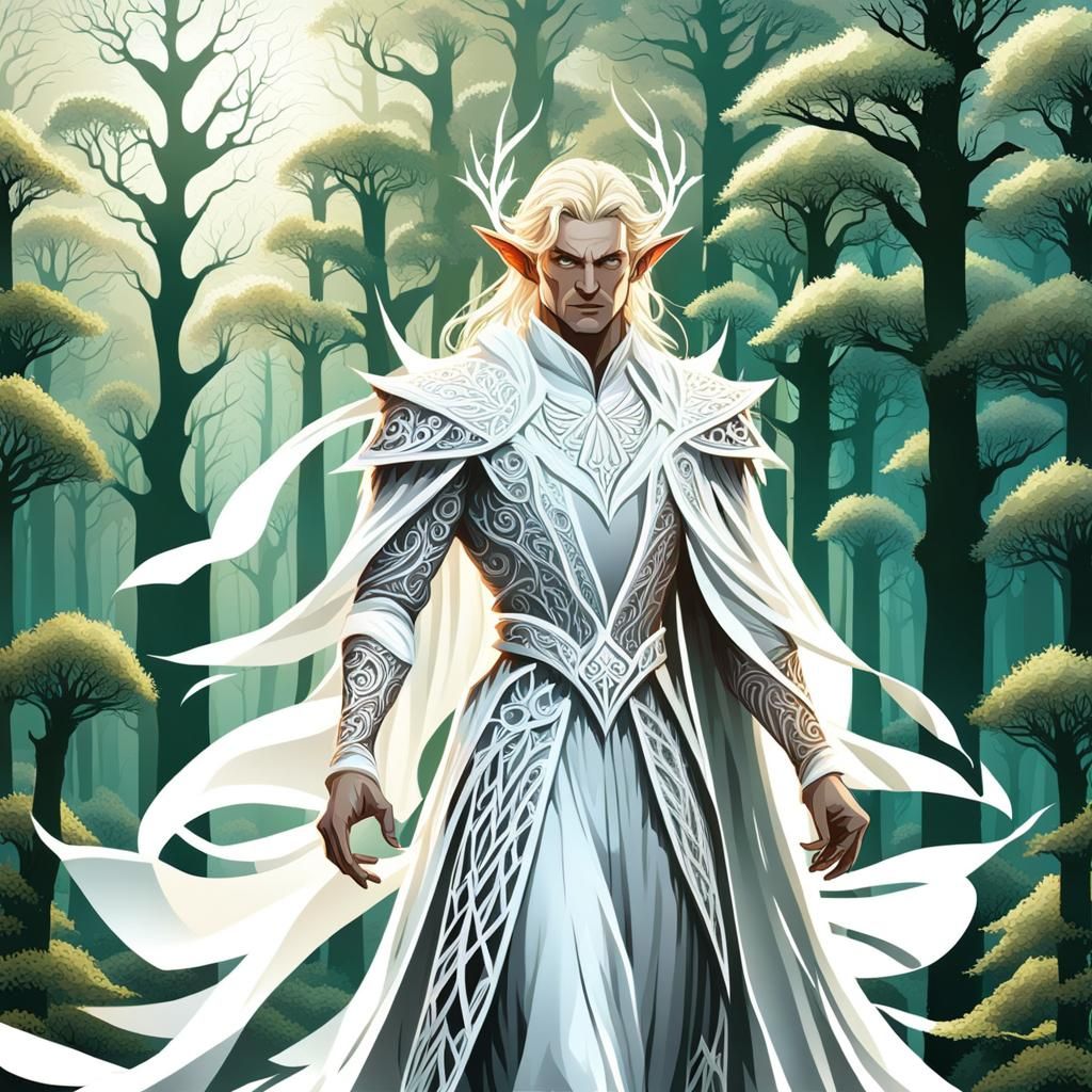 Elf Wizard in Forest Clearing with Abstract Fractals