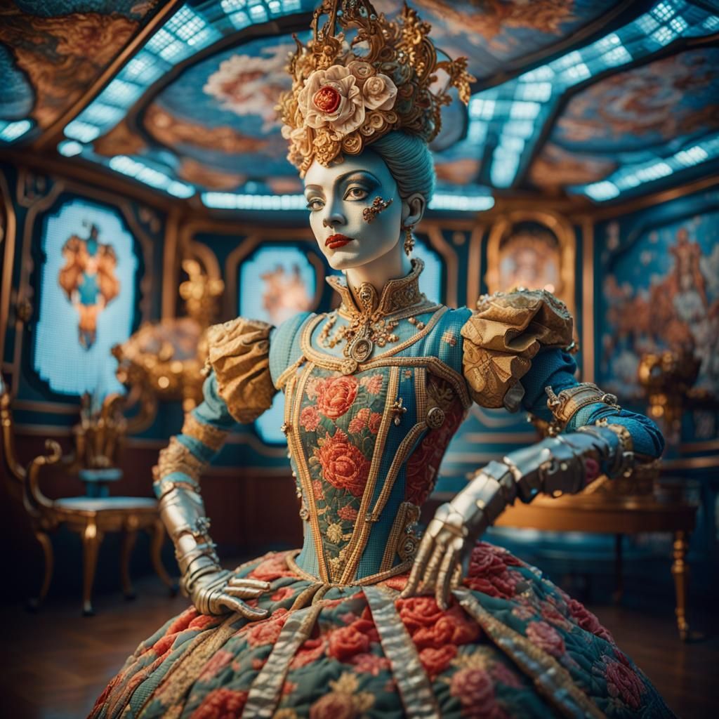 Rococo Robot Ballerina in Needlepoint Spaceship