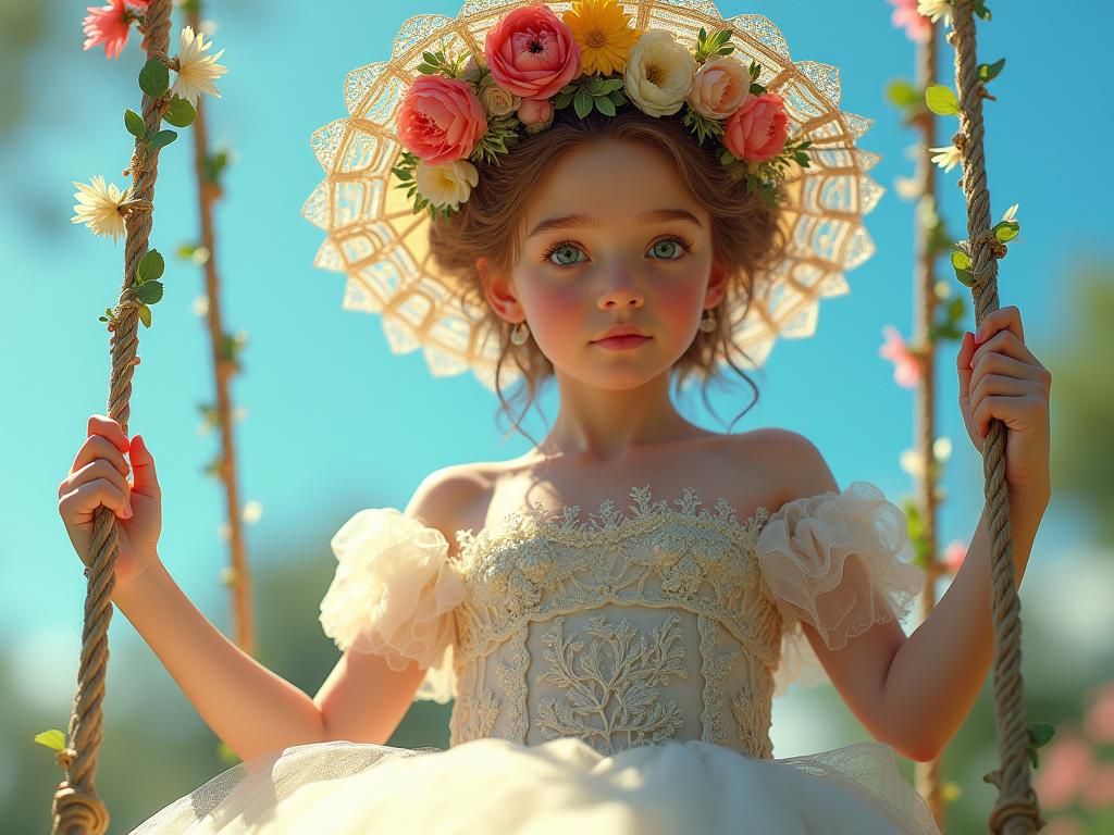 Victorian Princess on Swing in Art Nouveau Style