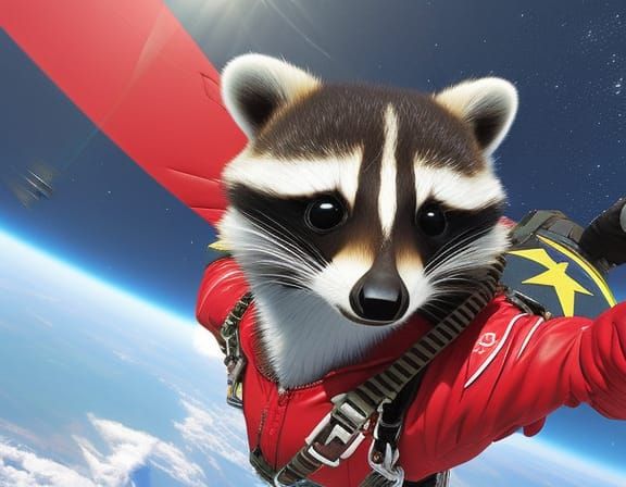 Raccoon Skydiving in Space, Anime Style Illustration