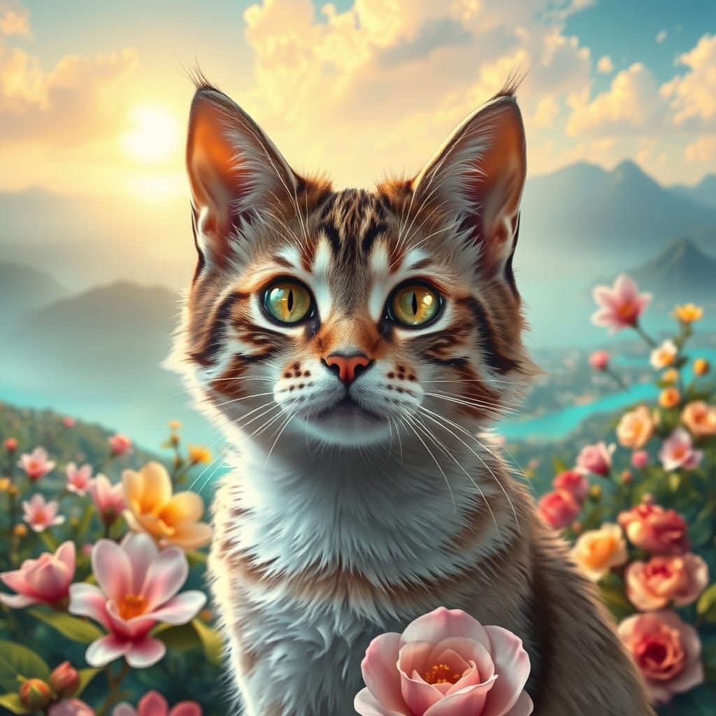 Whimsical Cat Amidst Vibrant Floral Paradise
