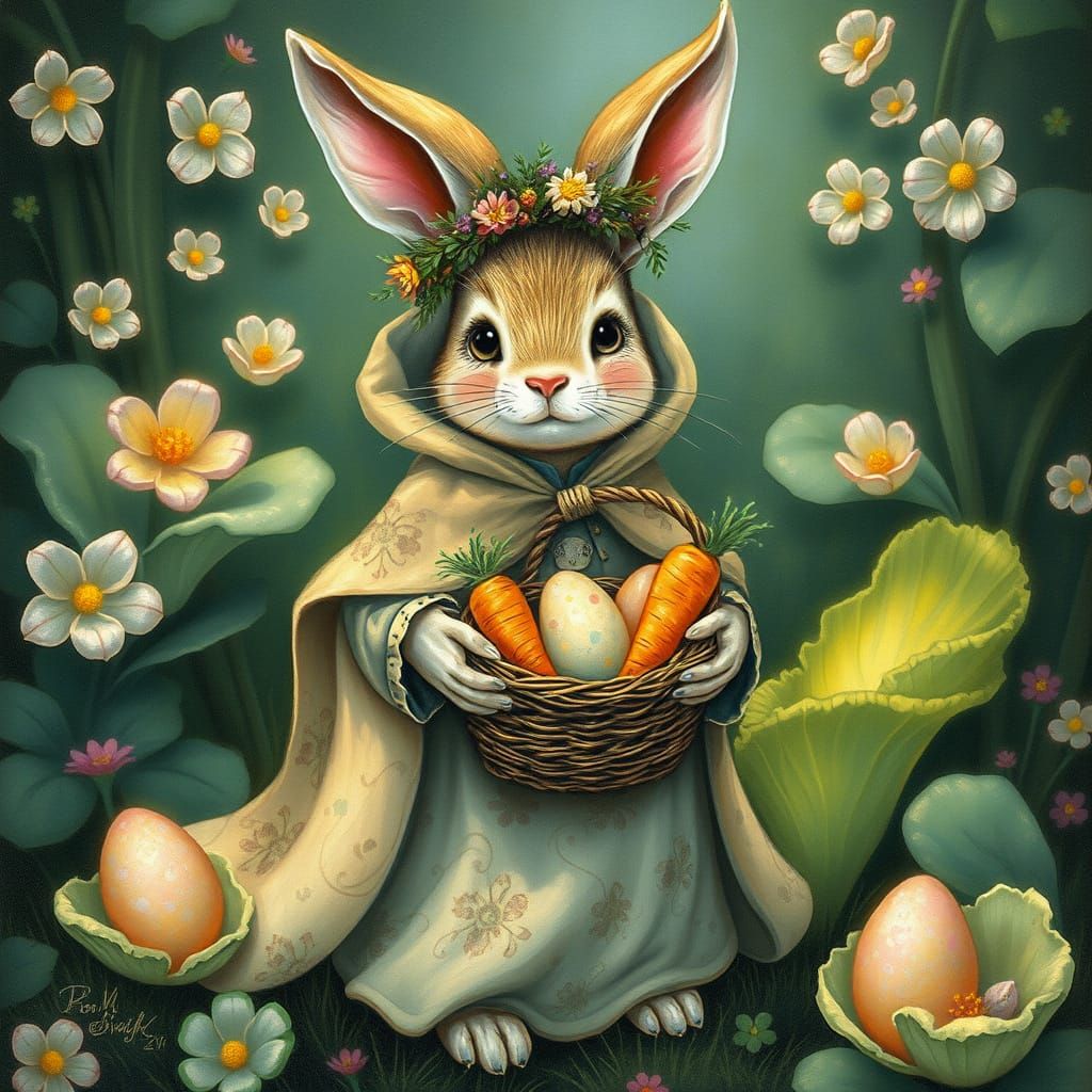 Whimsical Easter Bunny in a Floral Cloak