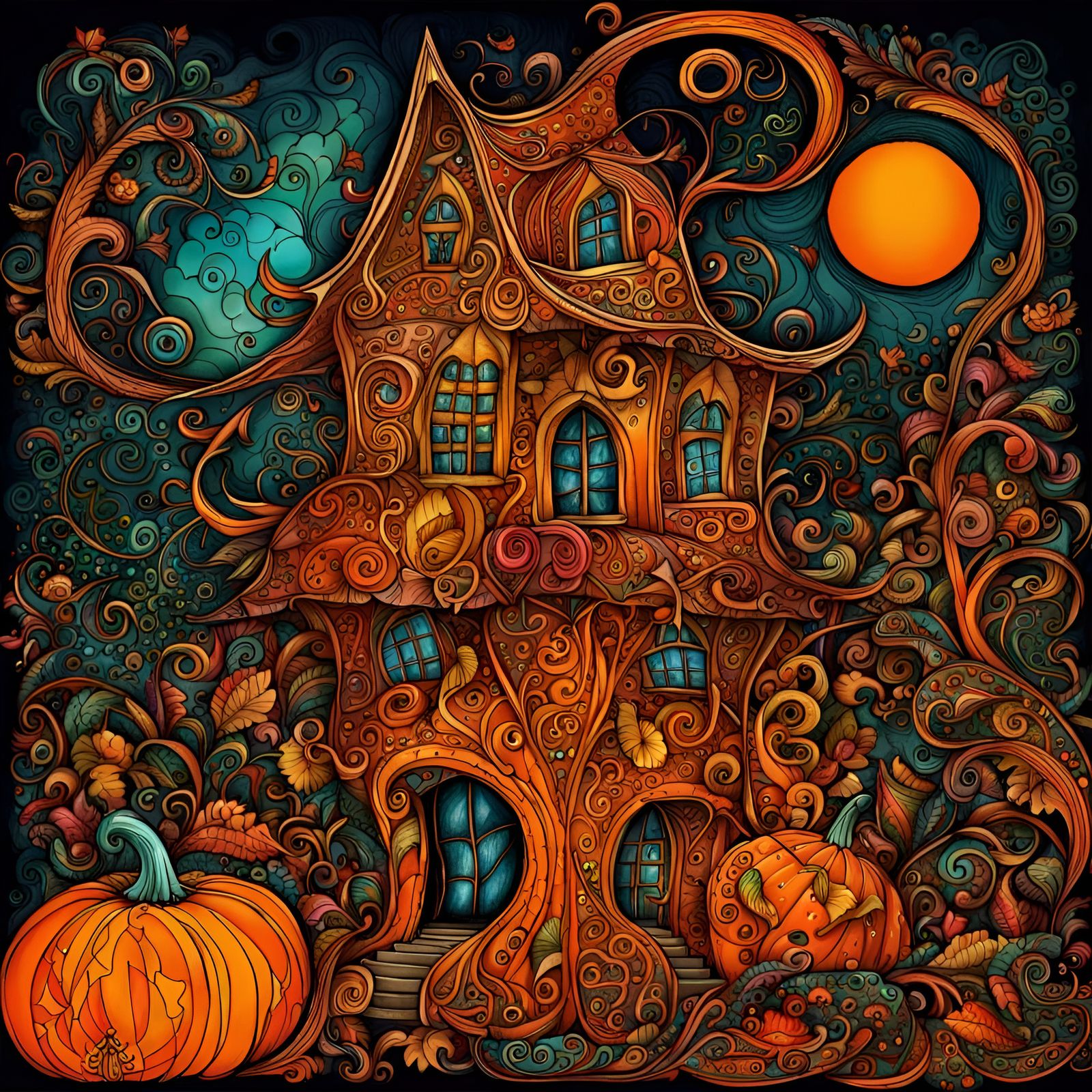 Pumpkin House: Gothic Pen and Ink Surrealist Art