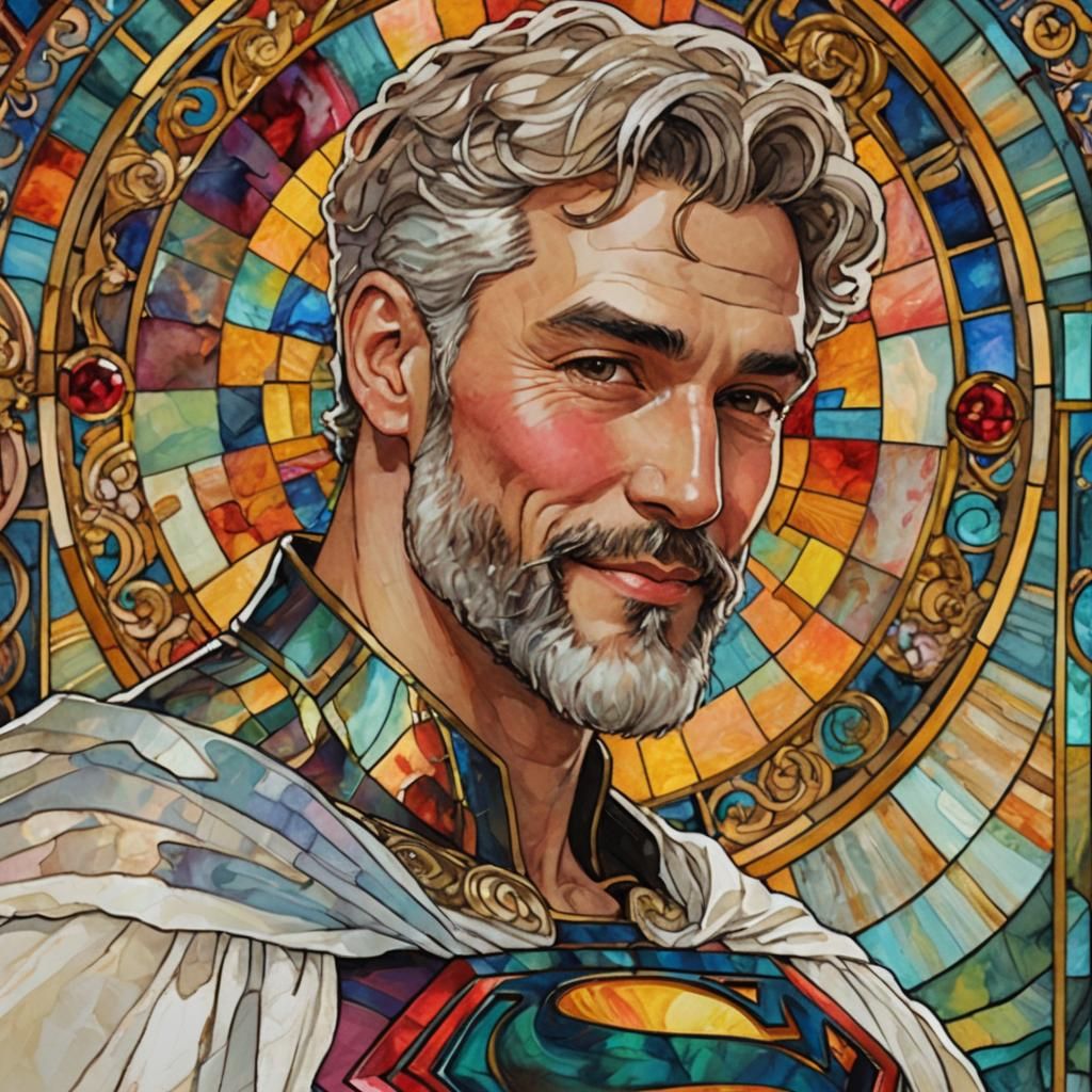 Art Nouveau Superman Portrait in Stained Glass Style