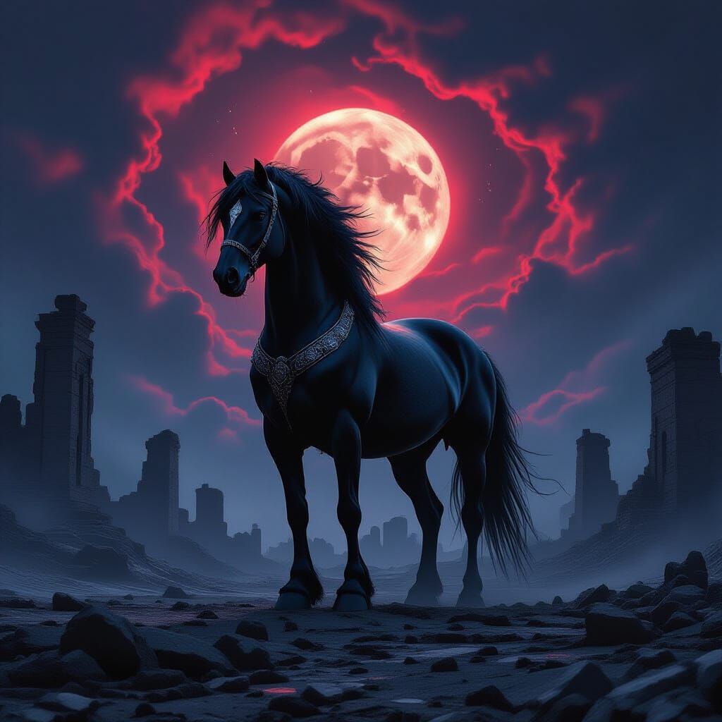 Colossal Obsidian Warhorse on Moonlit Battlefield