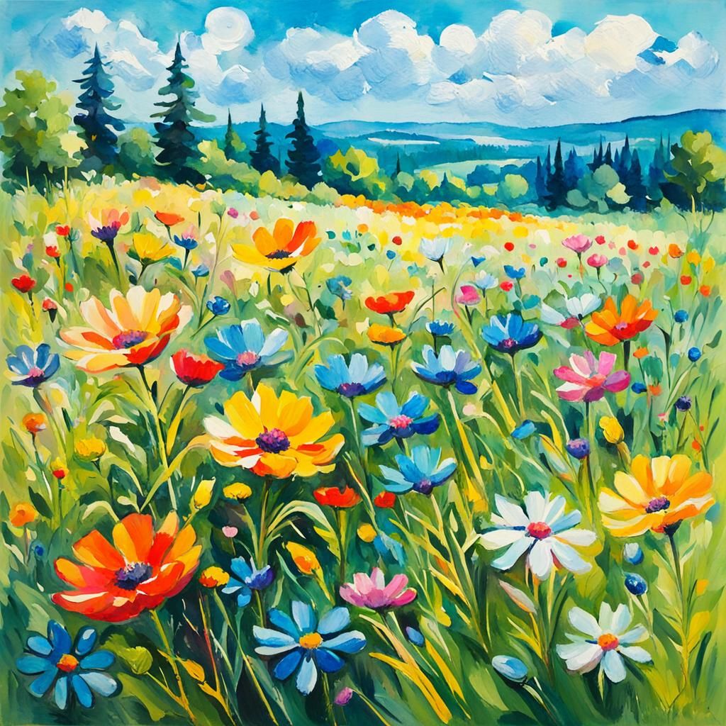 Flower Meadow in Gouache Style Impressionist Painting