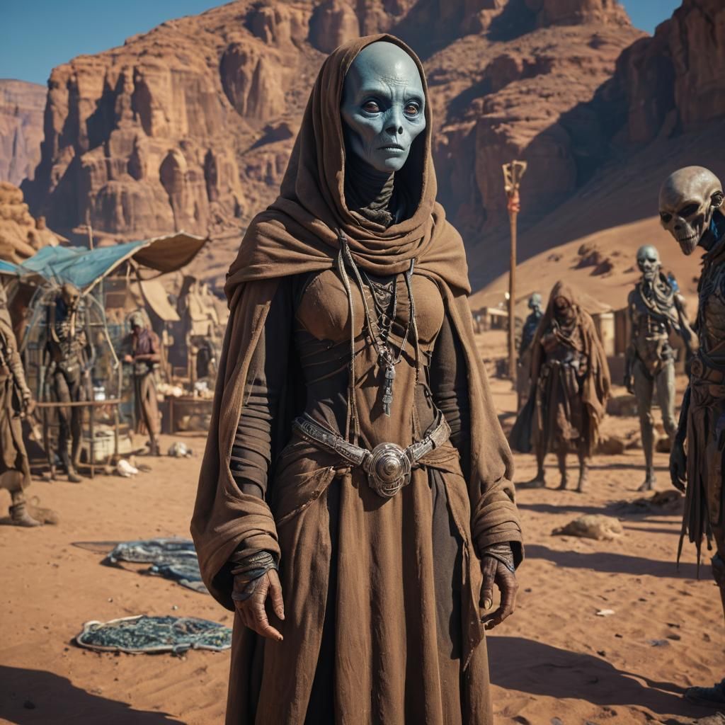 Alien Merchant in Desert Market, Photorealistic Concept Art