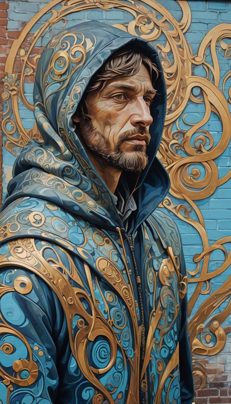 Hooded Man and Graffiti Mural in Art Nouveau Style