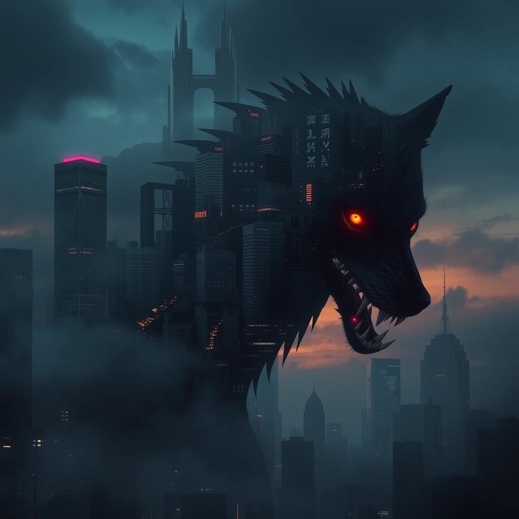 Wolf Cityscape in Ominous, Cinematic Style