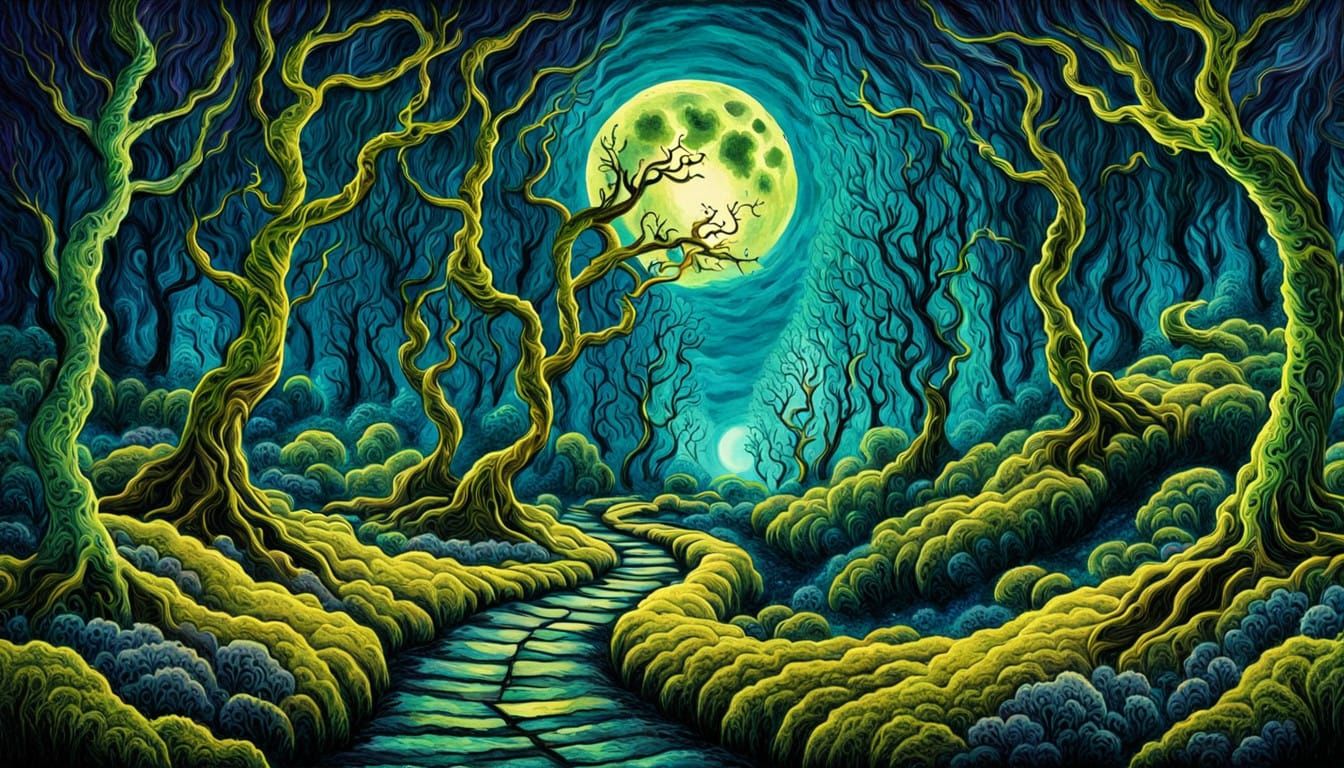 Moonlit Enchanted Forest in Expressive Artistic Style