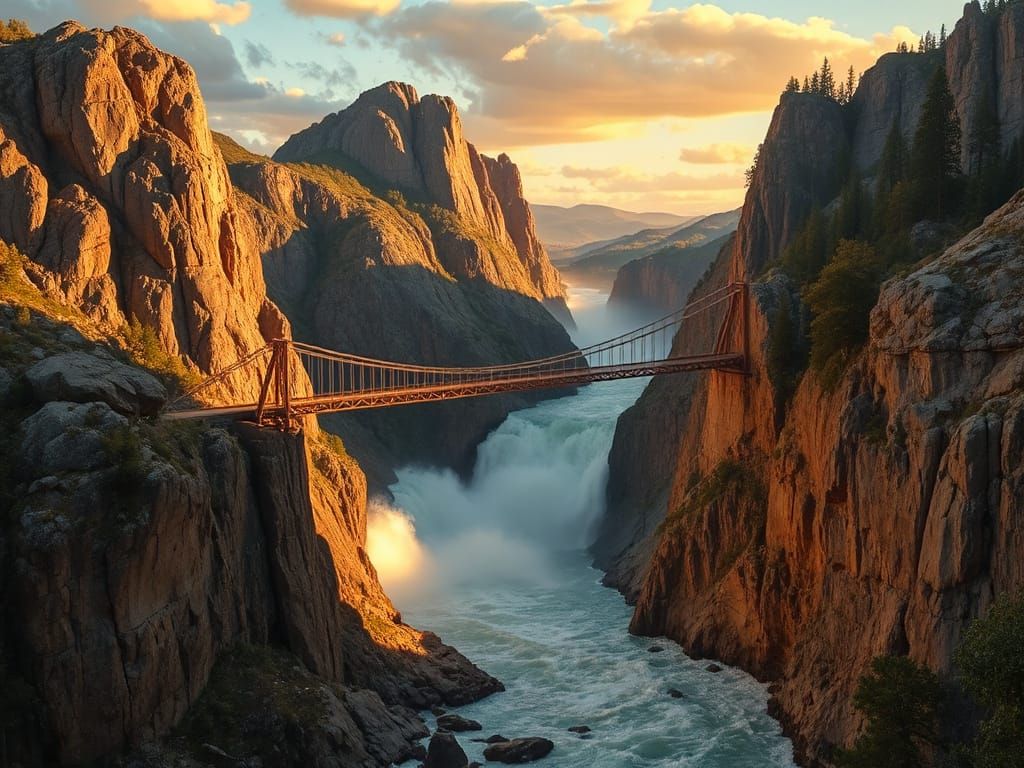 Majestic Suspension Bridge in a Dramatic Landscape
