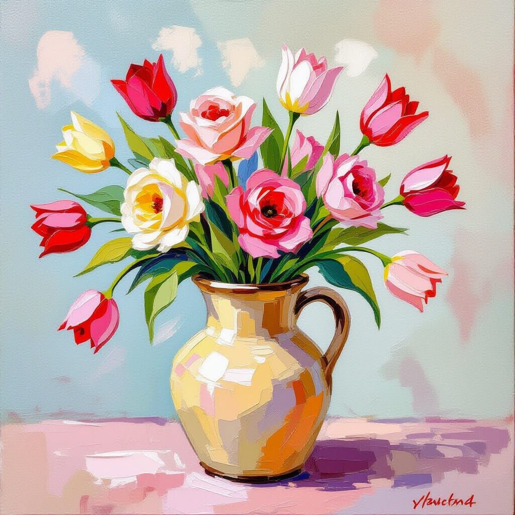 Impasto Oil Painting of Vase with Roses and Tulips