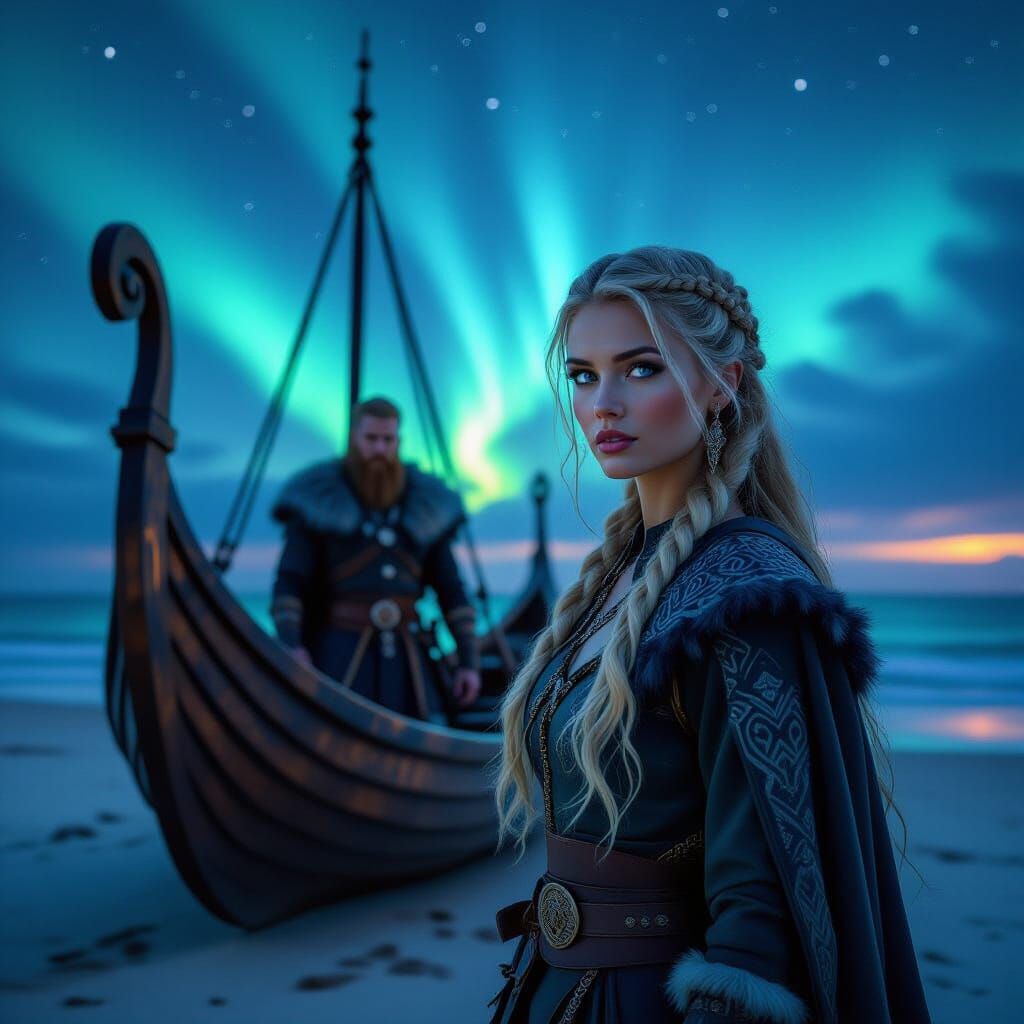 Viking Dragon Ship on Aurora Beach