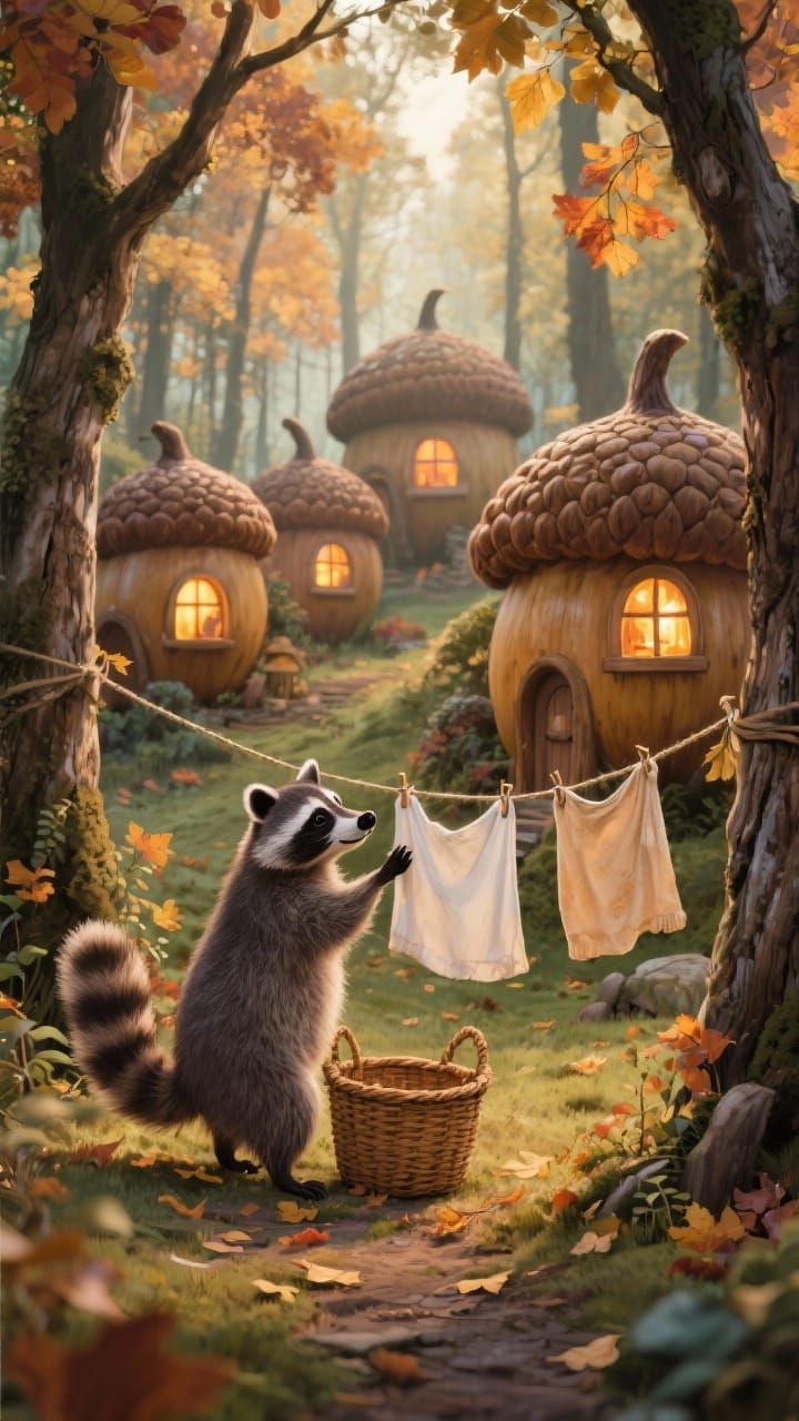 Cozy Acorn Village with Raccoon Doing Laundry