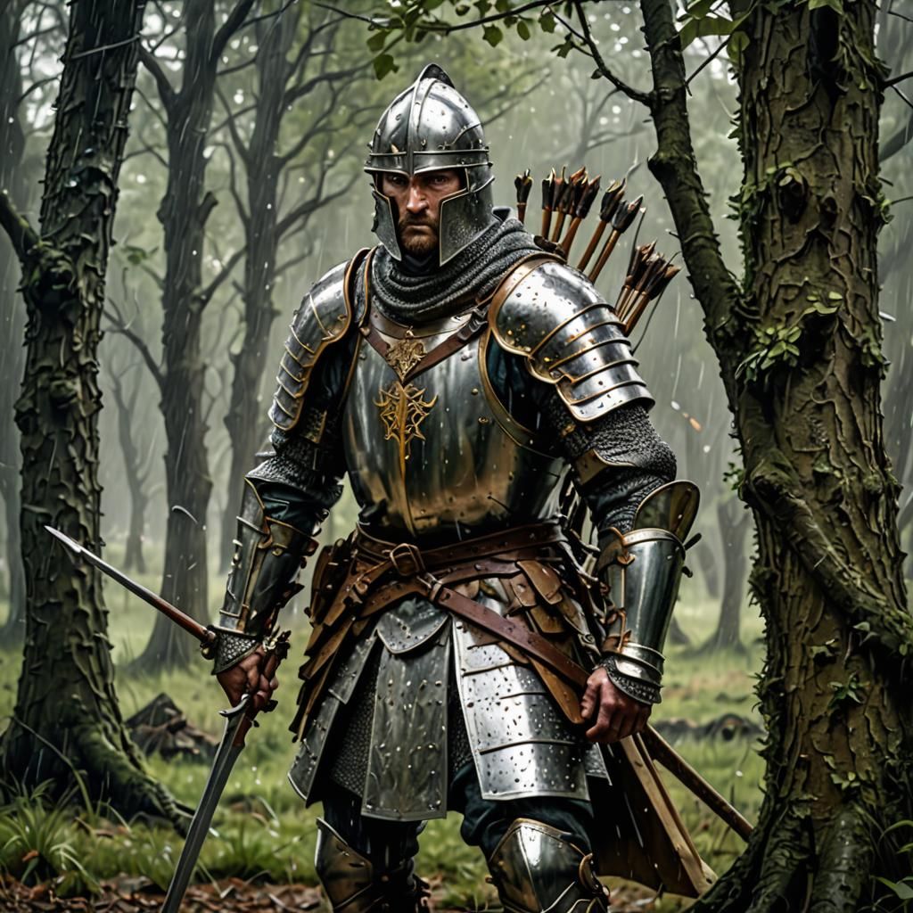 English Longbowman Knight Awaiting Battle in the Rain