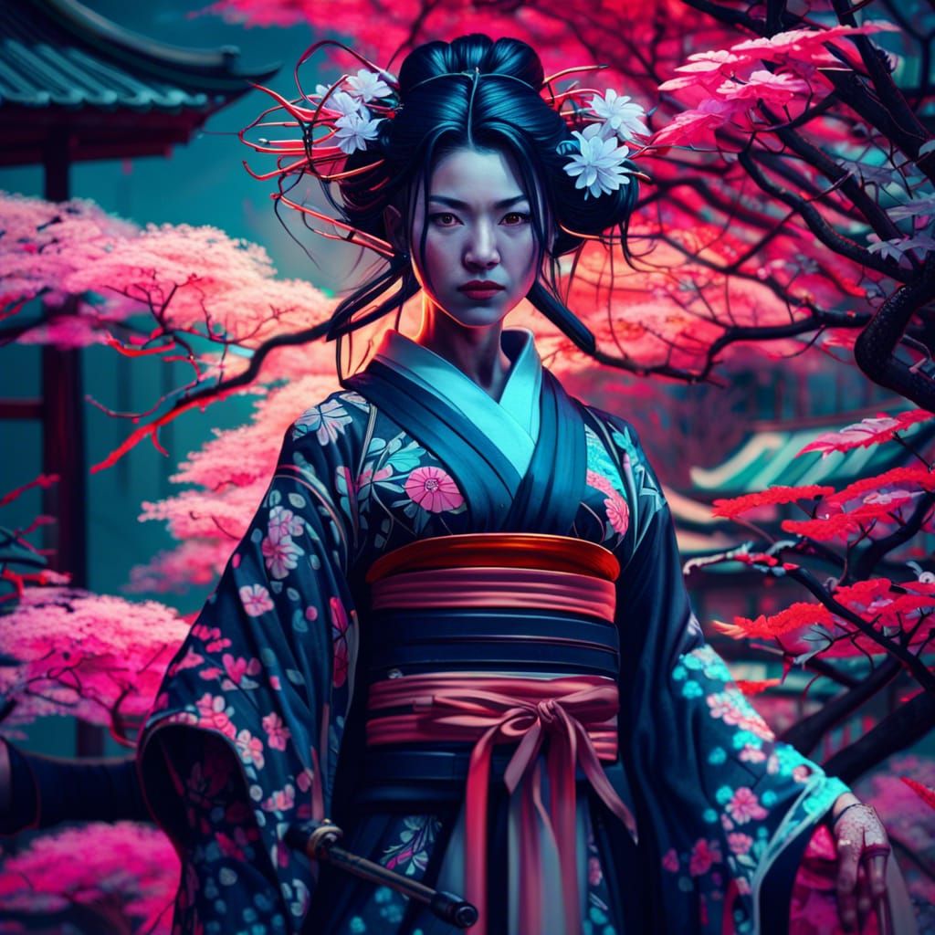 Japanese Warrior Geisha in Neon Garden