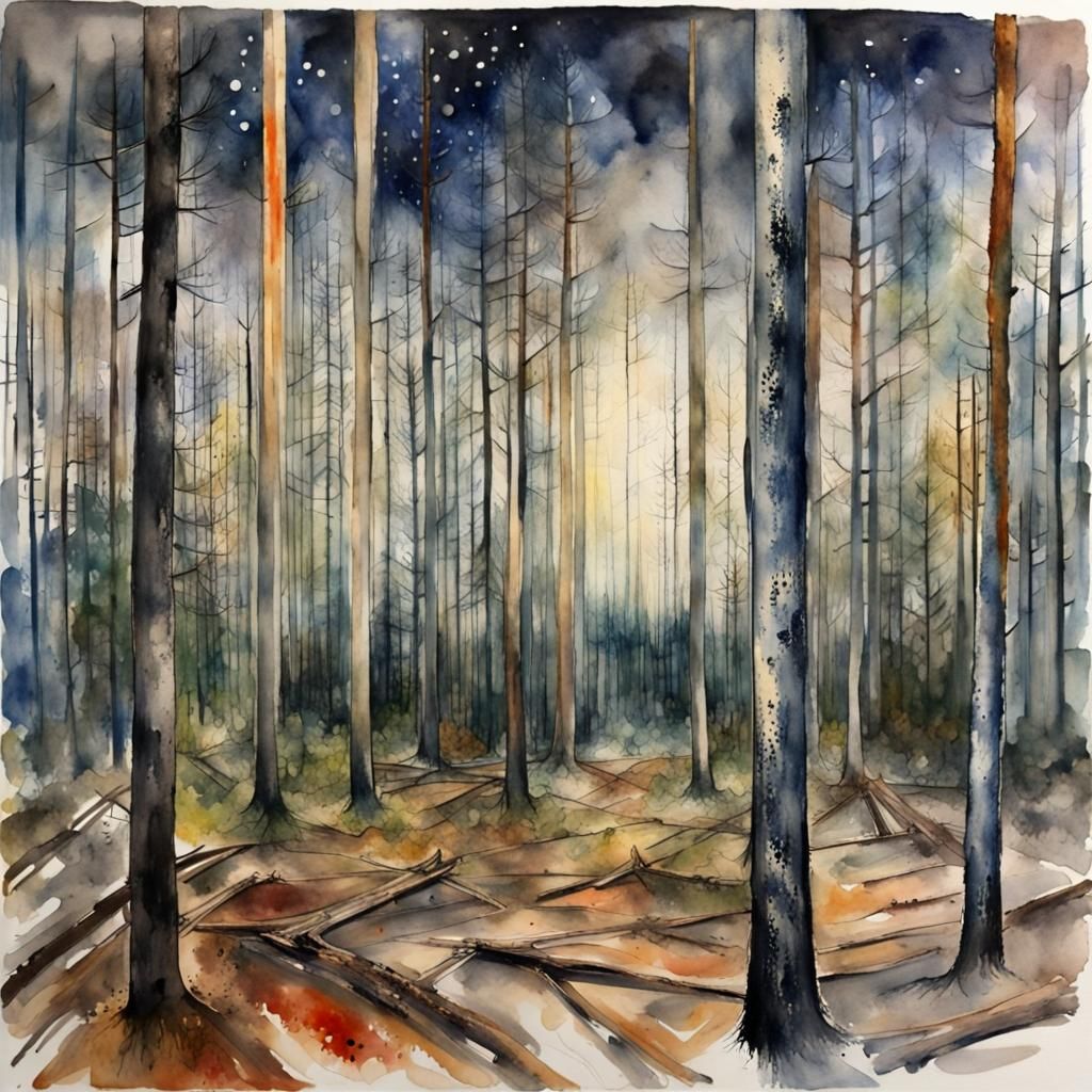 Boreal Forest in Watercolour Style with Expressionist Textur...