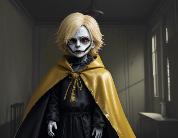 Creepy Child with Glowing Eyes in Dark Room