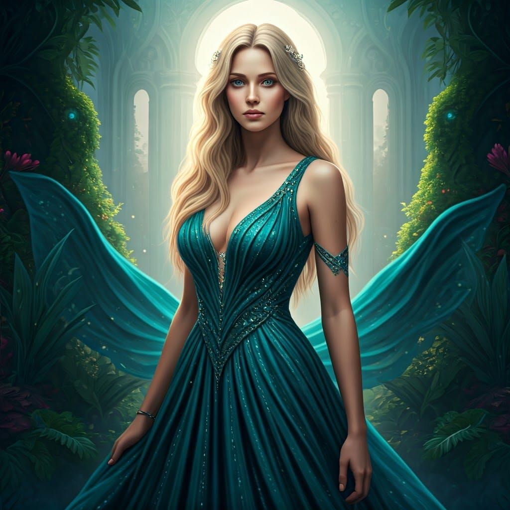 Ethereal Goddess in Lush Fantasy Landscape